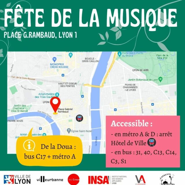 J-8 avant la fête de la musique !!

Voilà le plan pour te rendre facilement à la place Rambaud, juste à côté d'Hôtel de ville 😁

Ça va être génial, on t'attend avec impatience ! 🎷😊