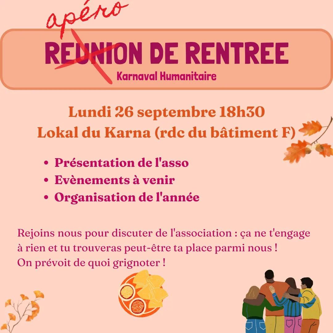 Tu as (re)découvert le karna 🎪 cette année au forum ou lors du festival et tu aimerais retrouver cette ambiance le temps d'un apéro?
On t'invite à une réunion le lundi 26 septembre à 18h30 📆 au local du Karnaval, au rez-de-chaussée du bâtiment F📌.
Le prochain festival du Karna aura lieu du 16 au 26 mars 2023, et on aura besoin de monde pour l'organiser ! 🤝🏻
Si tu as envie de t'engager dans l'association, c'est aussi l'occasion de discuter avec ses membres qui pourront te raconter leur expérience des années passées !