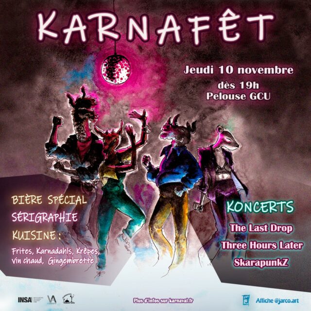 Le 10 novembre, le Karnaval Humanitaire organise un koncert à l’INSA, devant le bâtiment Freyssinet (GCU) 🎸🎤 Au programme : des concerts, des jeux en bois, de la kuisine de qualitay et de quoi se désaltérer !! 🍻🥪🥞
Plus d'infos sur https://www.karnaval.fr/